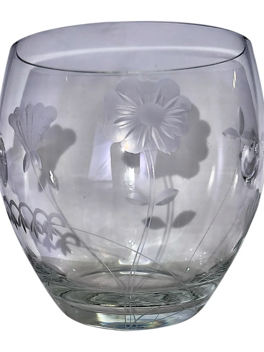 Vintage Hand Blown Etched Floral Art Glass Ice Bucket Wine Bottle Holder Handles
